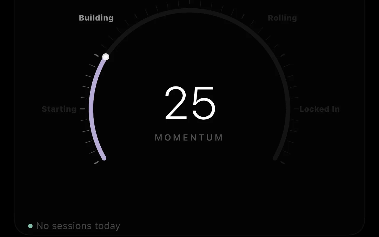The Aatram home screen: a momentum dial reading 25.