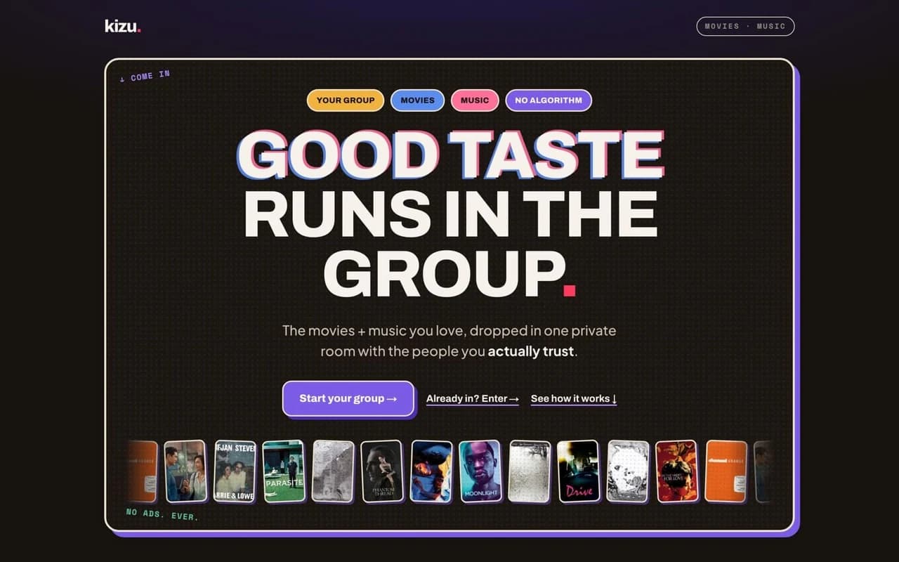The Kizu site: “Good taste runs in the group,” over a row of film posters.