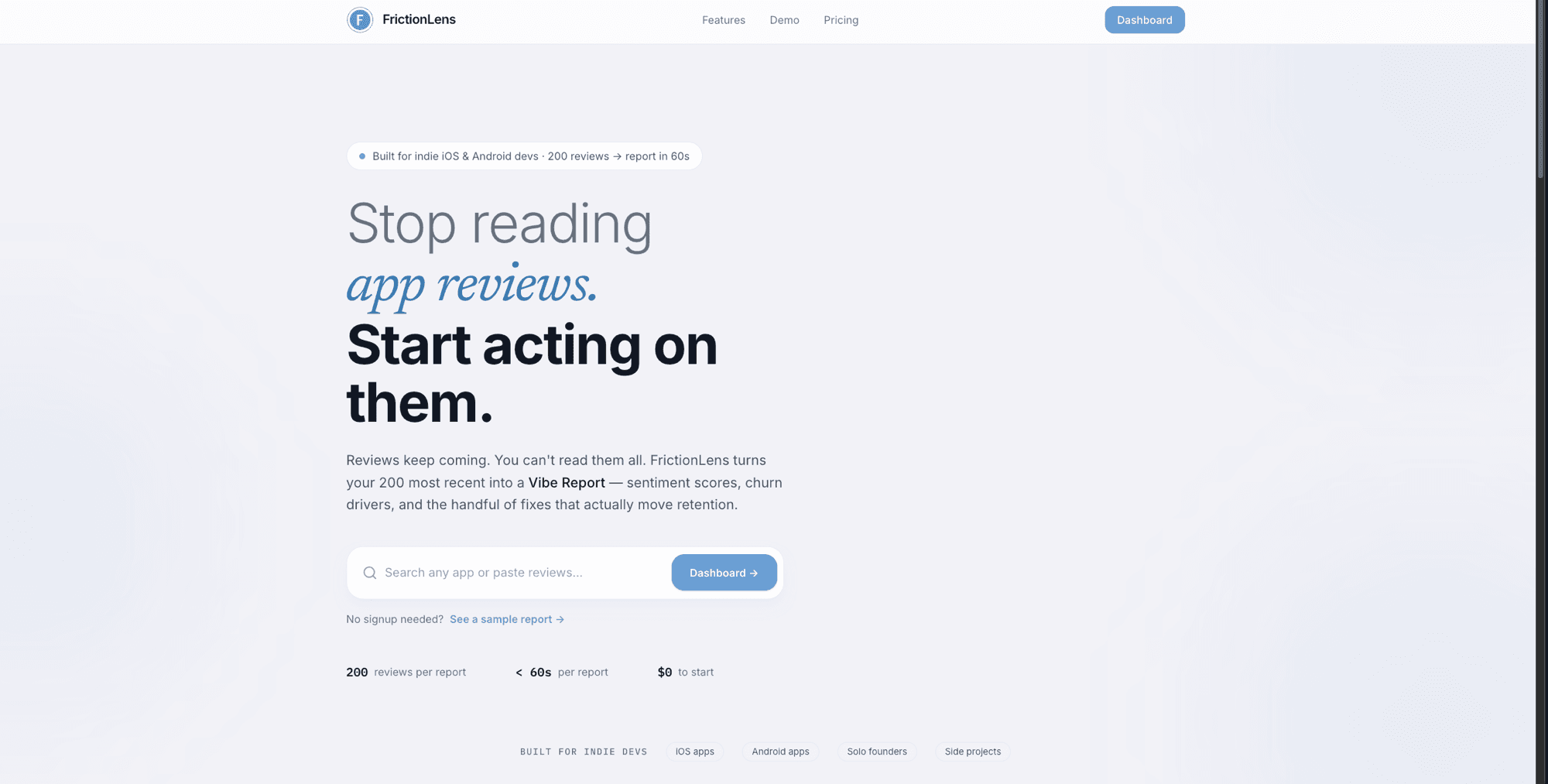 FrictionLens marketing site: “Stop reading app reviews. Start acting on them.”
