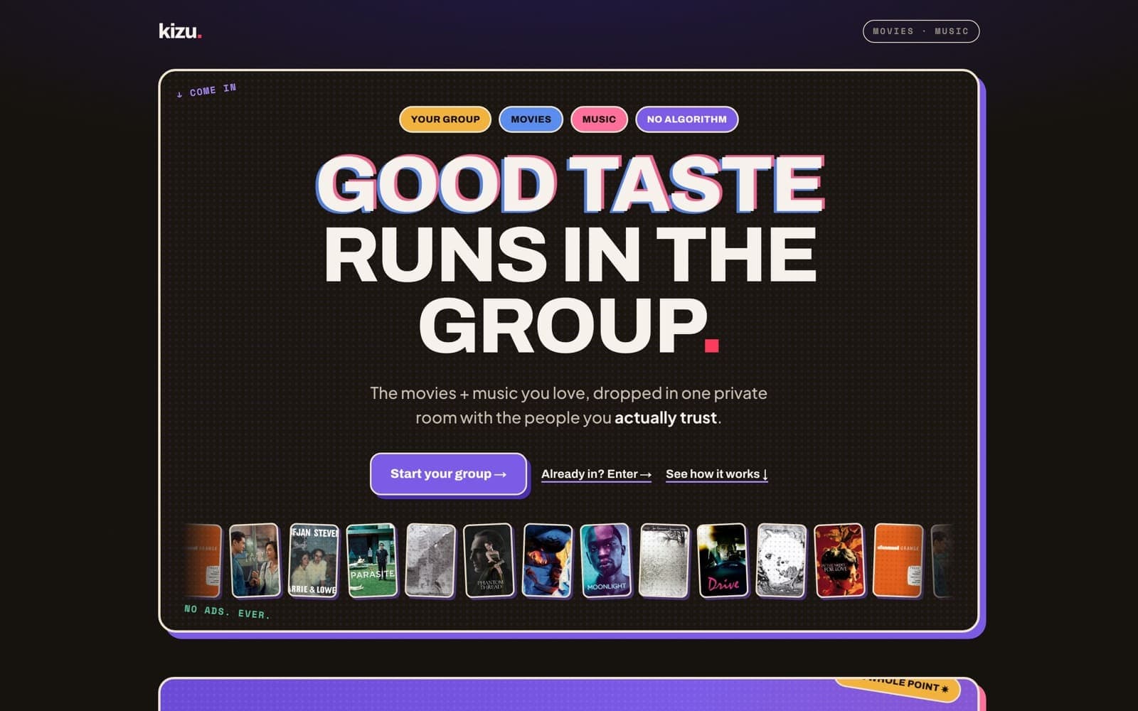 The kizu site: “Good taste runs in the group,” over a row of film posters.