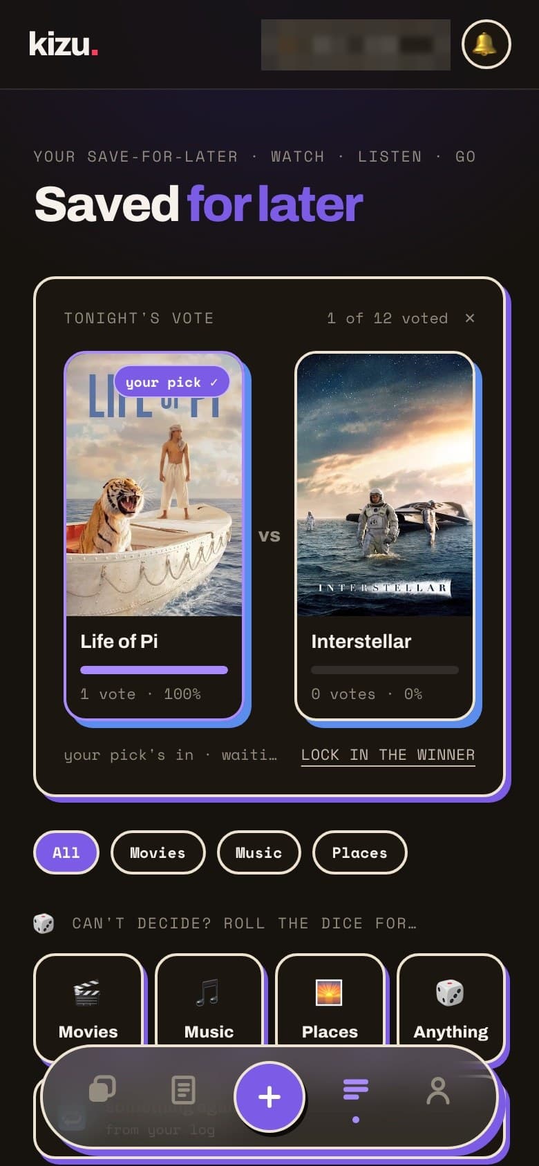 The kizu saved-for-later tab with tonight's vote running between two films.